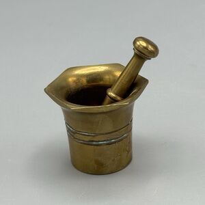 Vtg Solid Brass Mortar and Pestle Set Hexagon Top Shape Apothecary 1.5" T